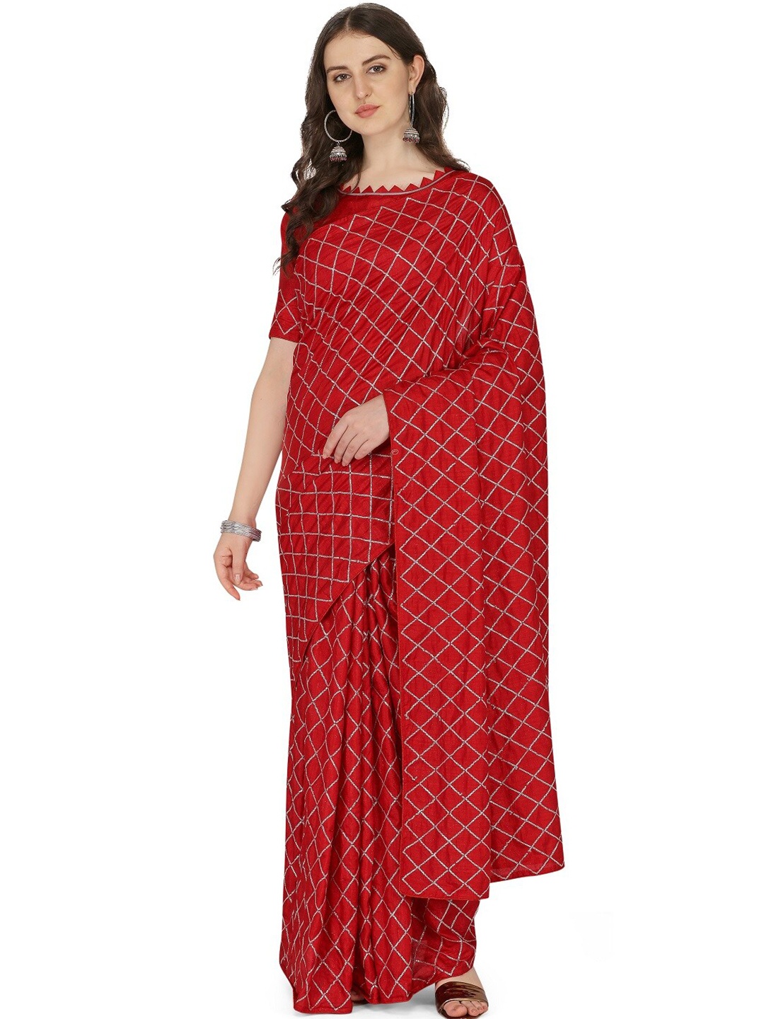 

KALINI Checked Sequinned Dora Silk Saree, Maroon