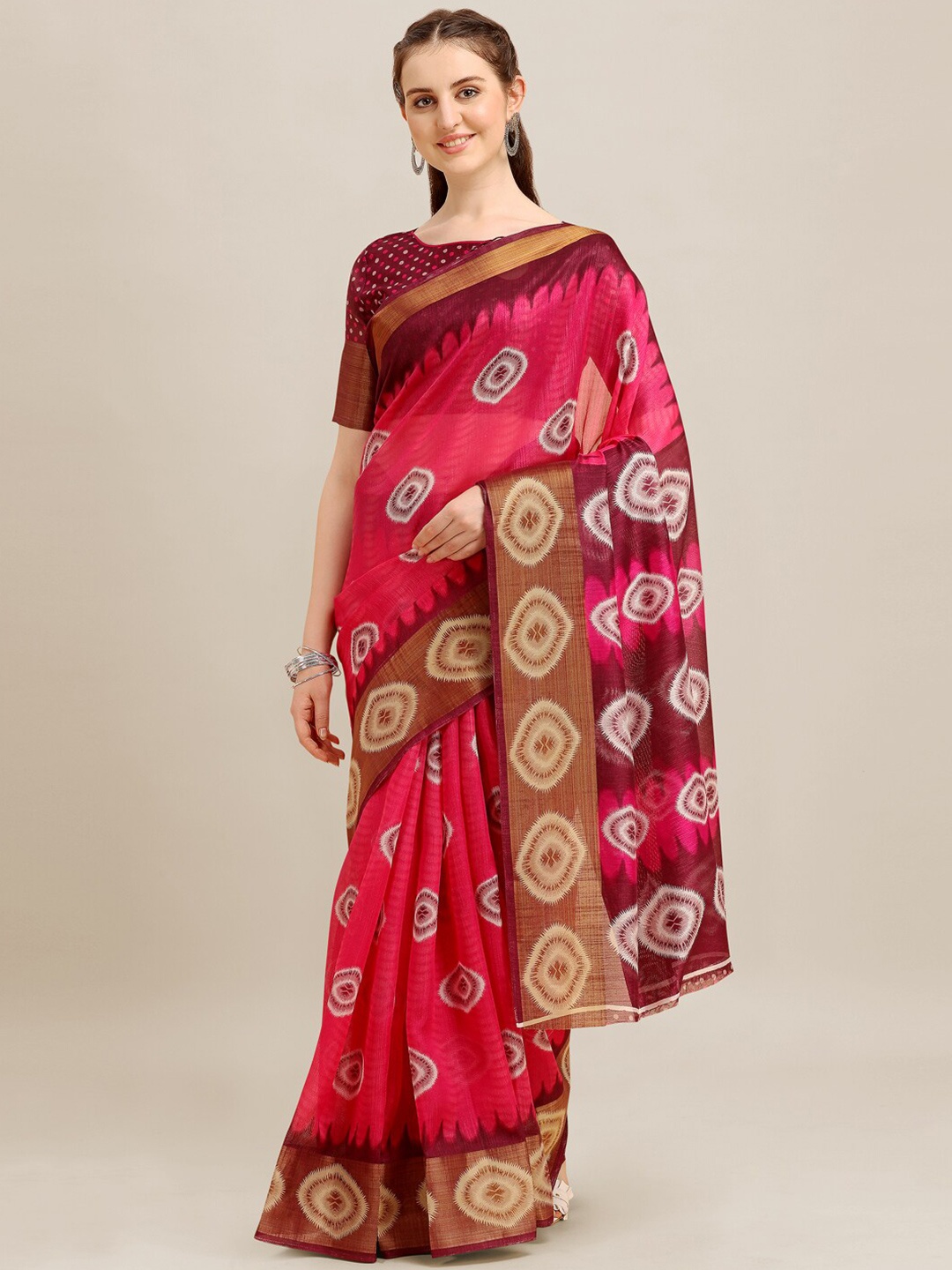 

KALINI Geometric Woven Design Saree, Pink