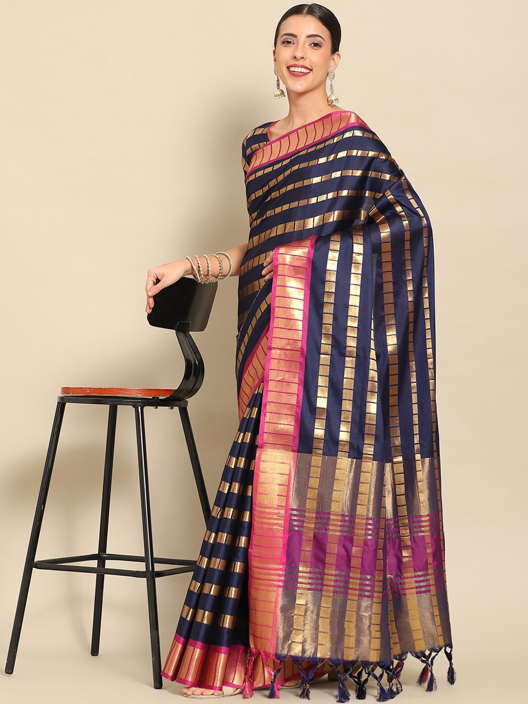 

KALINI Striped Woven Design Zari Pure Silk Saree, Purple