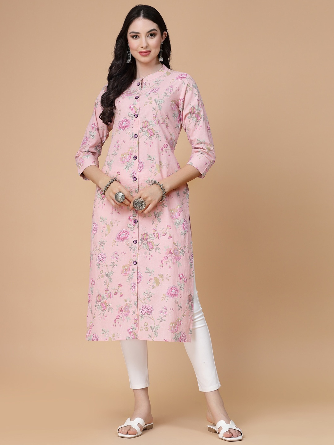 

God Bless Floral Printed Mandarin Collar Pure Cotton Straight Kurta, Pink