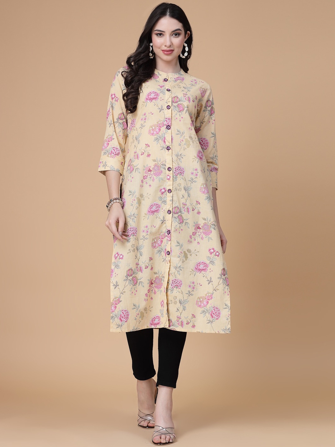 

God Bless Floral Printed Mandarin Collar Pure Cotton Straight Kurta, Yellow