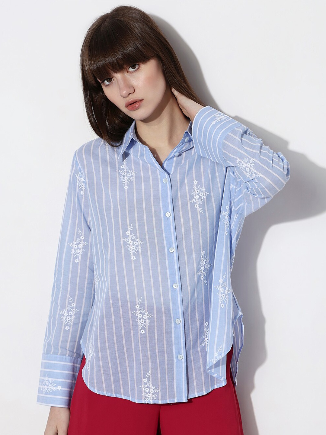 

Vero Moda Floral Embroidered Opaque Pure Cotton Casual Shirt, Blue