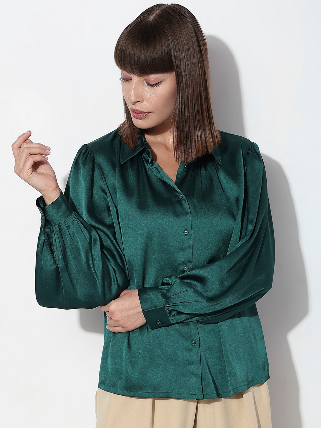 

Vero Moda Cuffed Sleeves Opaque Casual Shirt, Green