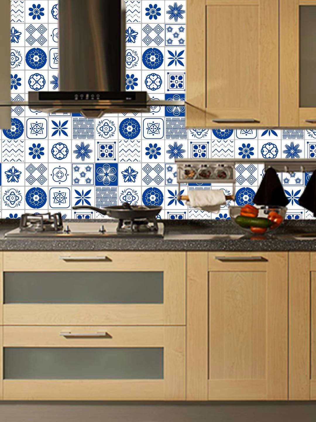 

Jaamso Royals White & Blue Small Square Tile Design Kitchen Wallpaper