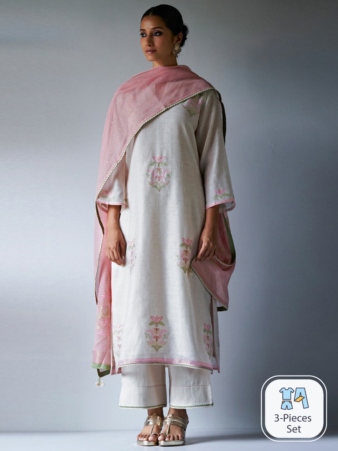 

Ganga Floral Printed Thread Work Linen Kurta with Palazzos & Dupatta, Cream
