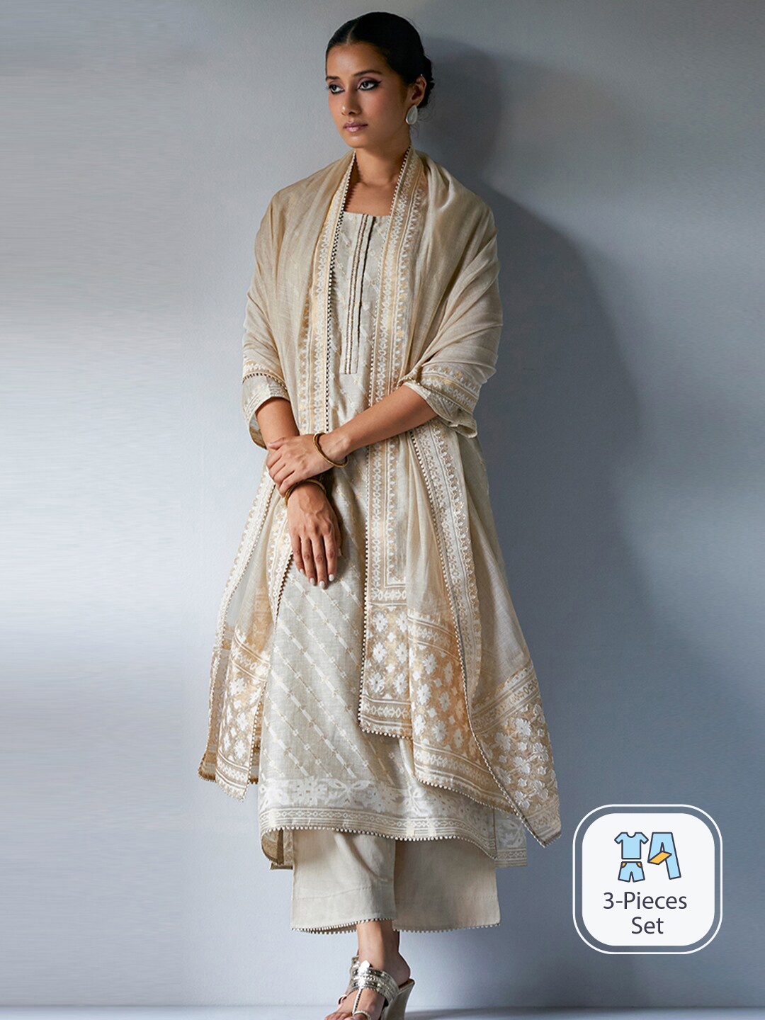 

Ganga Ethnic Motifs Woven Design Chanderi Cotton Straight Kurta & Palazzos With Dupatta, Beige