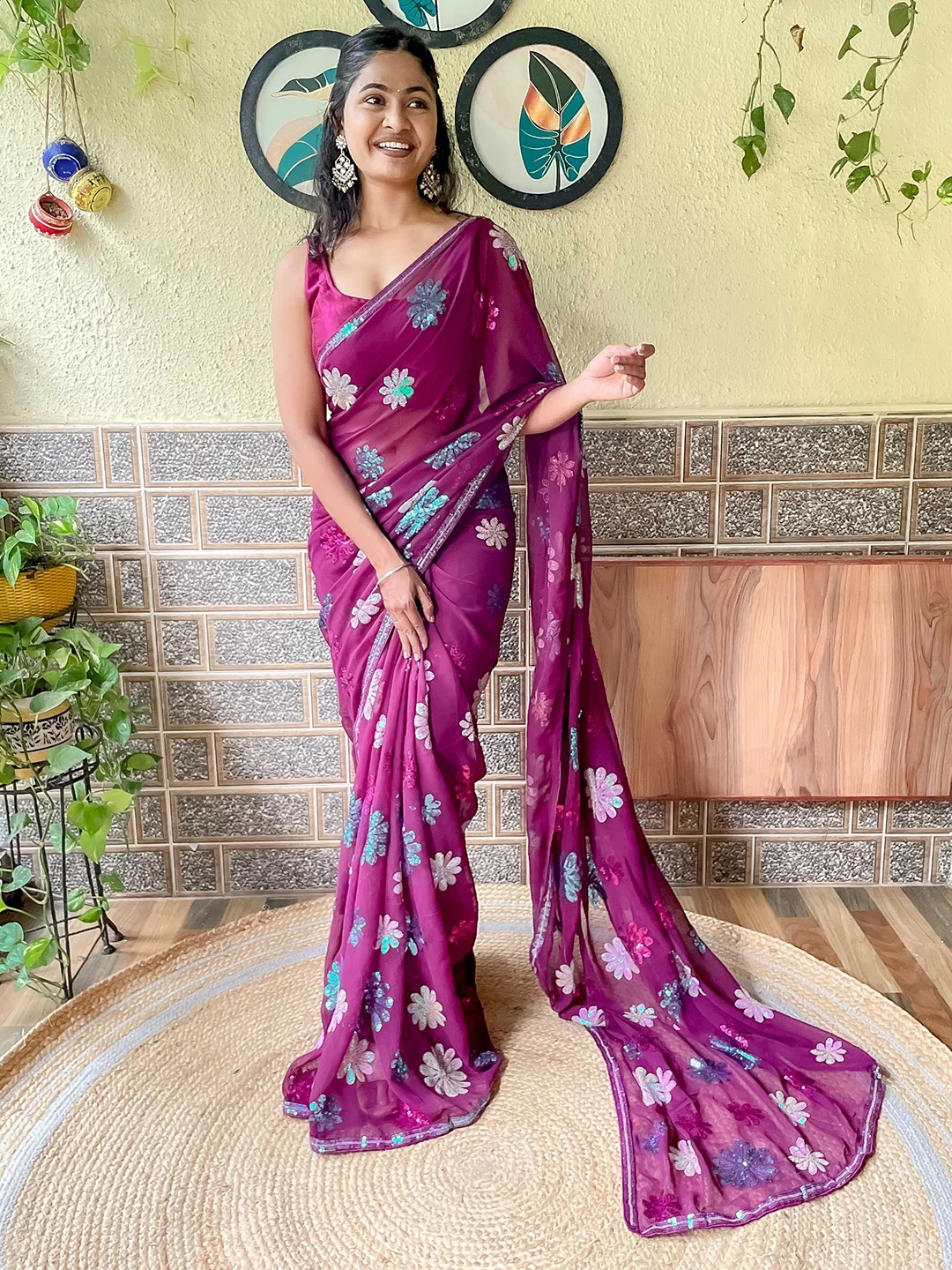 

Mitera Purple & Blue Embellished Sequinned Saree