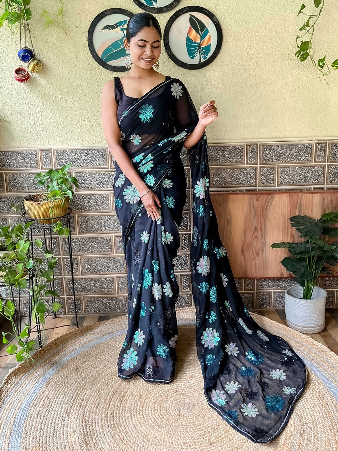 

Mitera Black And Blue Embellished Sequinned Saree
