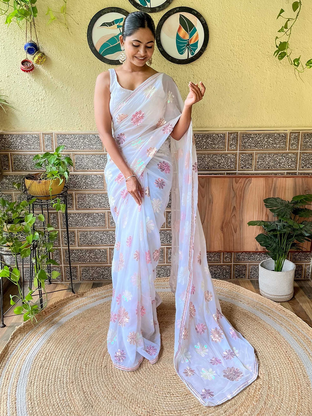 

Mitera Embellished Sequinned Saree, White