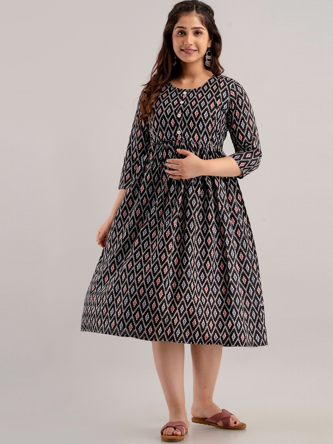 

CELEBRAVO Ethnic Motifs Printed Gathered Cotton Maternity Fit & Flare Midi Ethnic Dress, Black