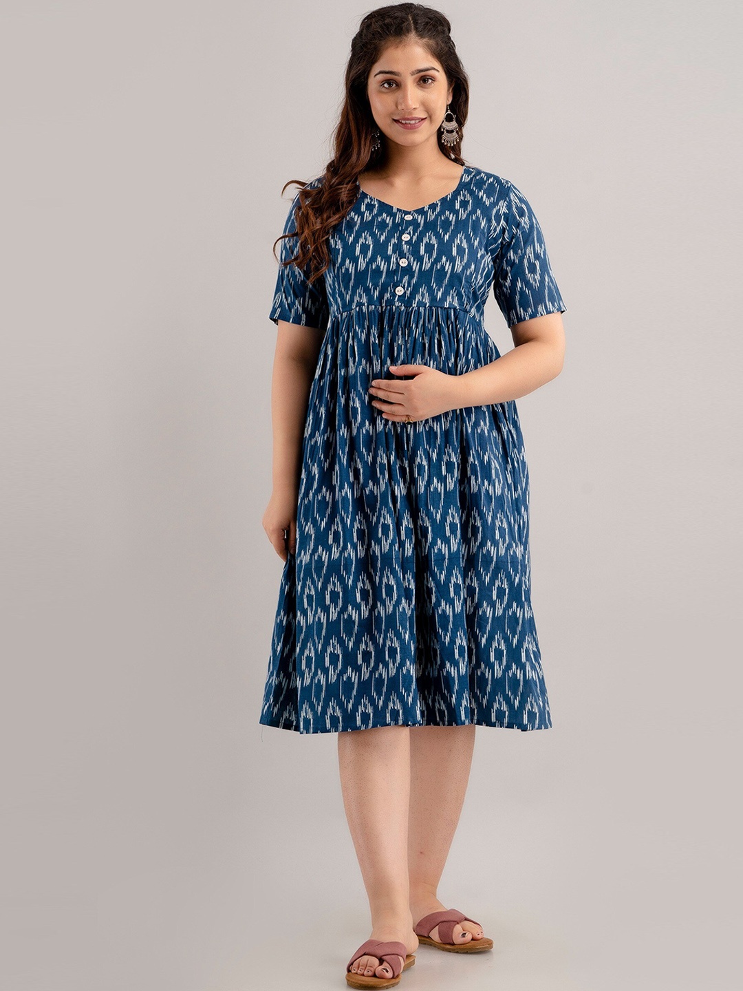 

CELEBRAVO Abstract Printed Pleated Maternity Fit & Flare Midi Dress, Blue