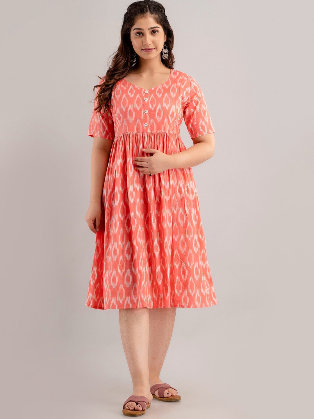 

CELEBRAVO Geometric Printed Cotton Maternity Fit & Flare Midi Dress, Orange