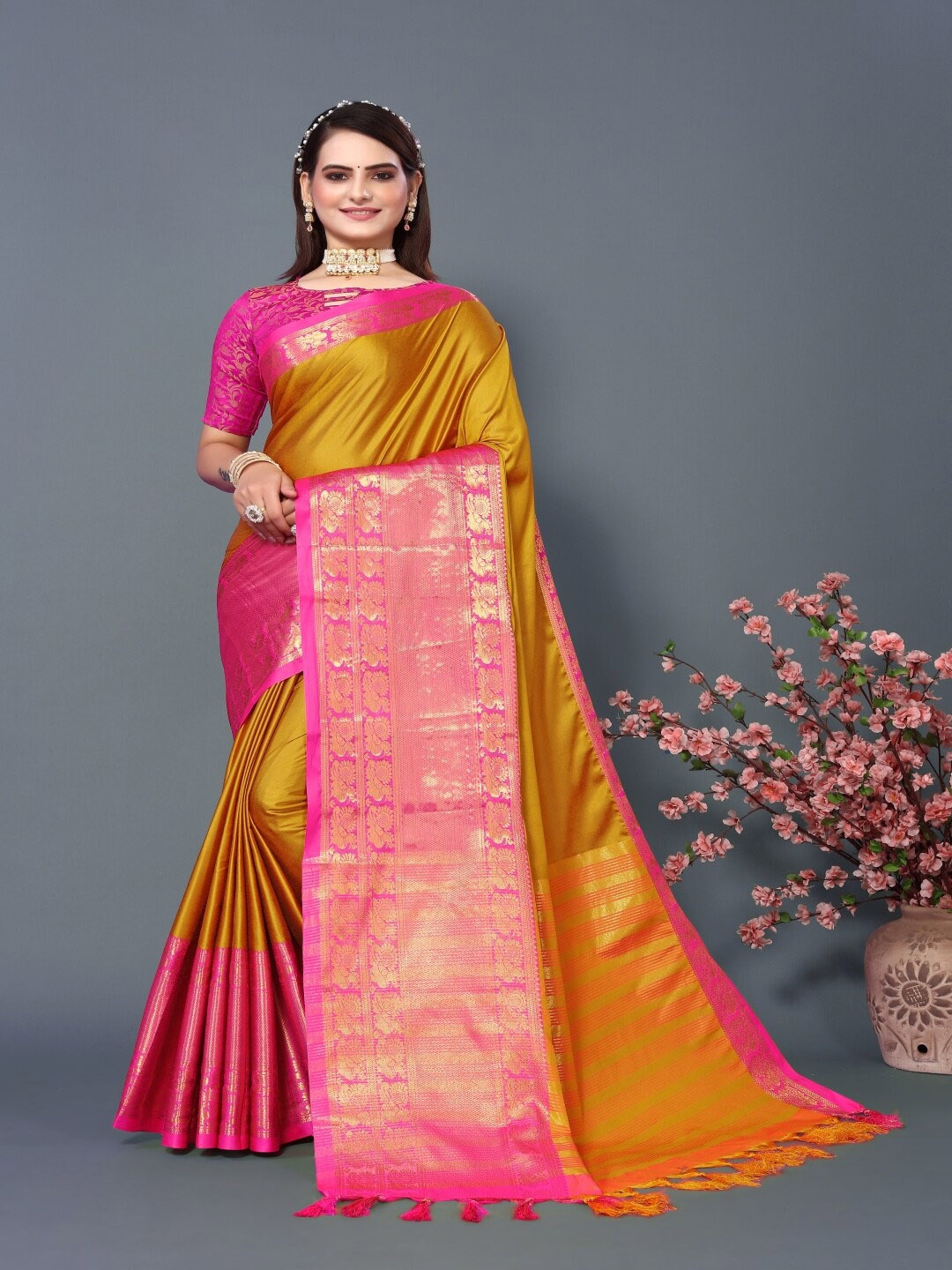 

Paramparik Textile Zari Silk Cotton Banarasi Saree, Yellow