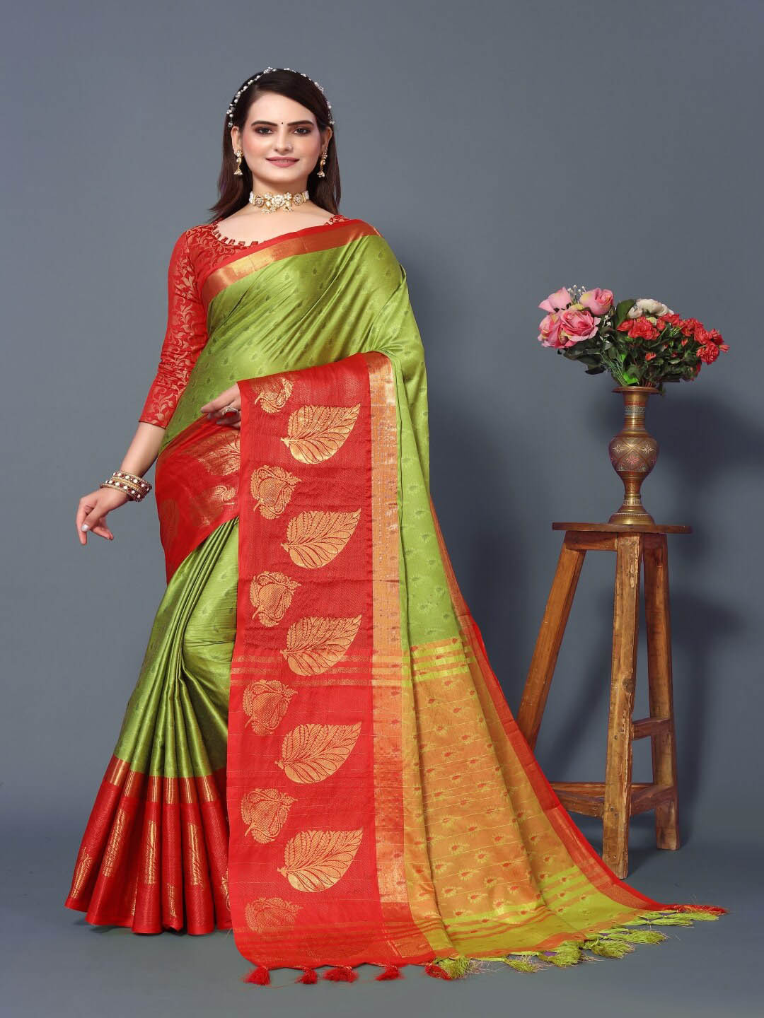 

Paramparik Textile Floral Woven Design Zari Silk Cotton Banarasi Saree, Green