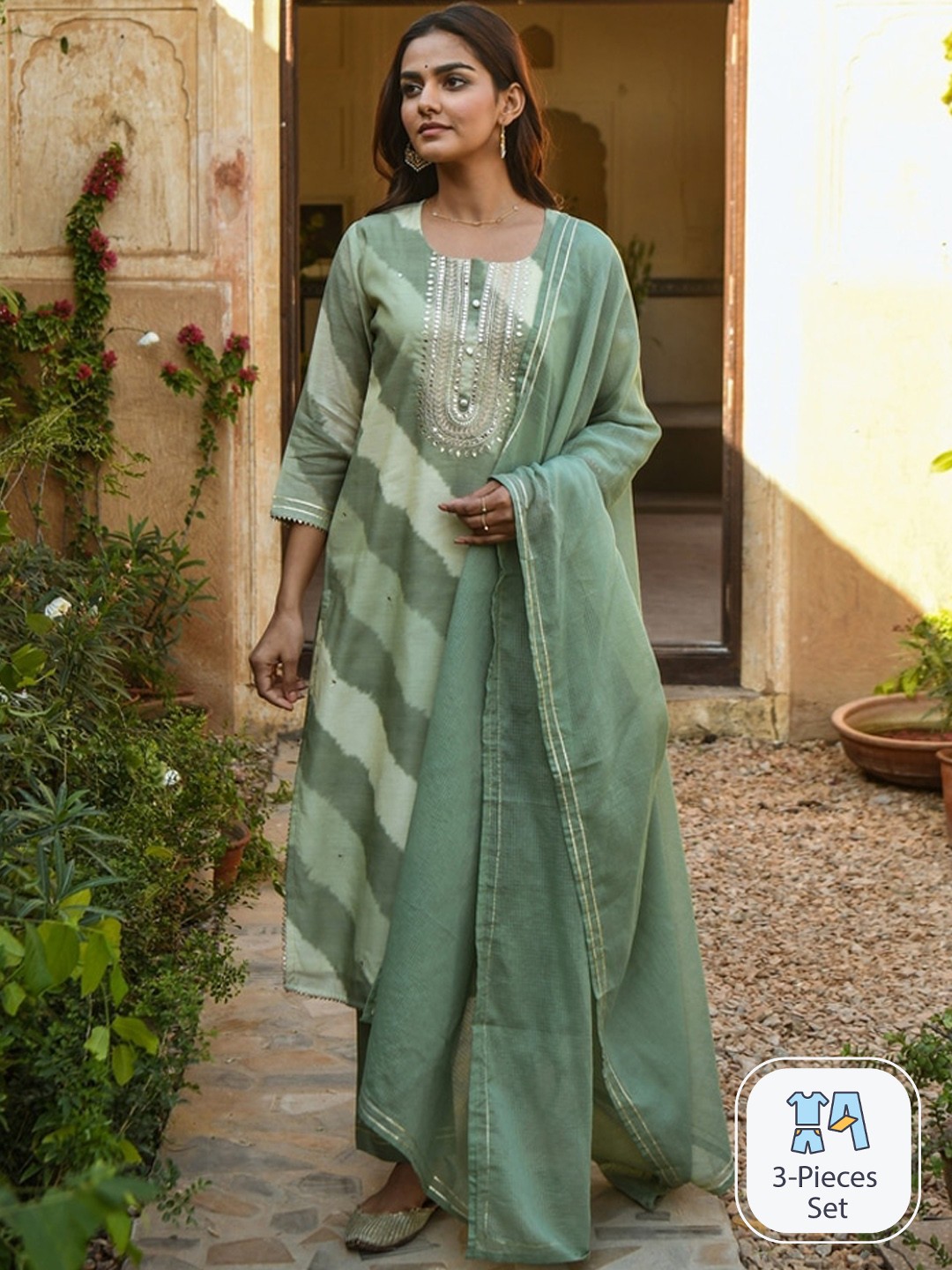 

KARAJ JAIPUR Printed Sequinned Straight Kurta With Trousers & Dupatta, Green
