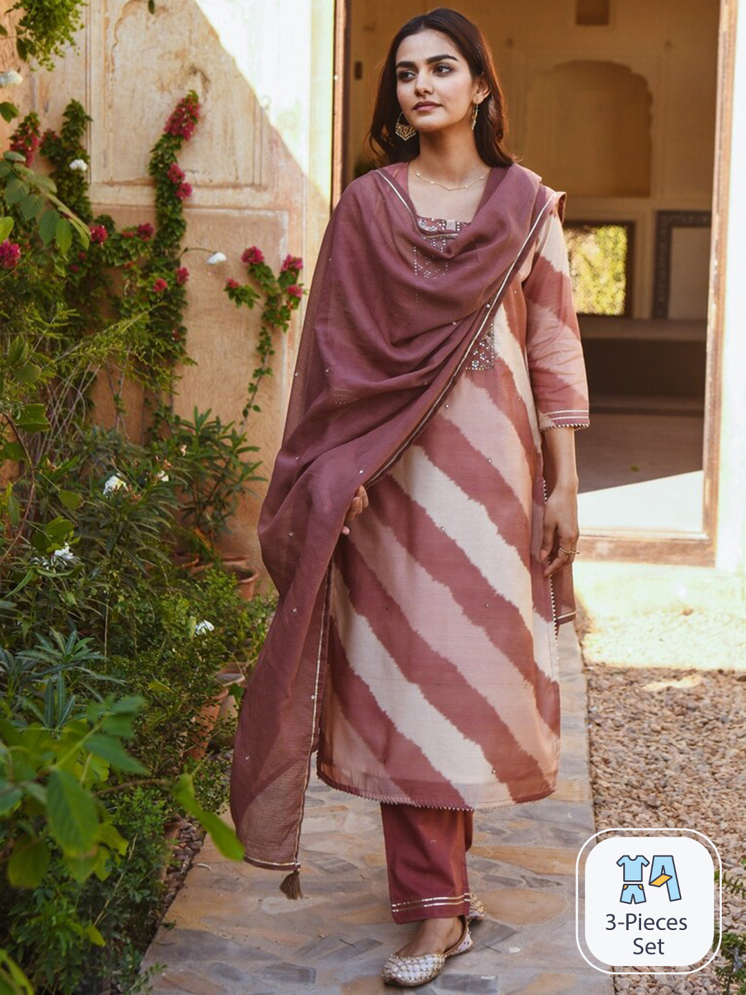 

KARAJ JAIPUR Embroidered Straight Kurta With Palazzos & Dupatta, Brown
