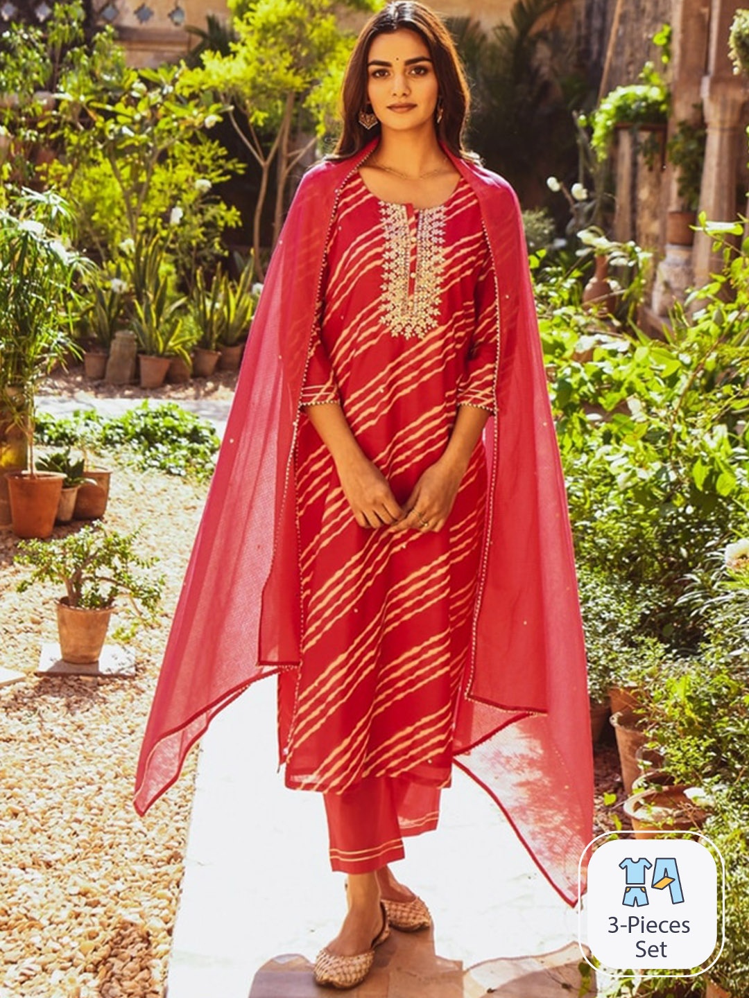 

KARAJ JAIPUR Embroidered Straight Kurta With Trousers & Dupatta, Pink