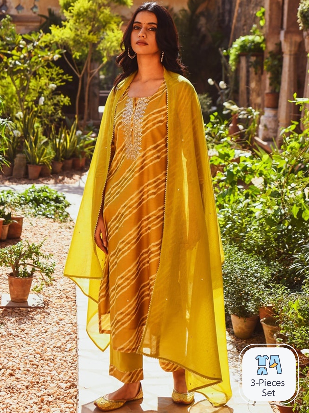 

KARAJ JAIPUR Embroidered Straight Kurta With Trousers & Dupatta, Green