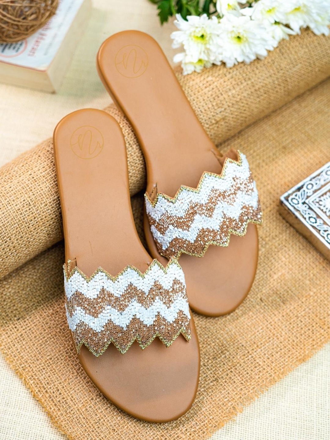 

NR By Nidhi Rathi Embellished Open Toe Flats, Gold