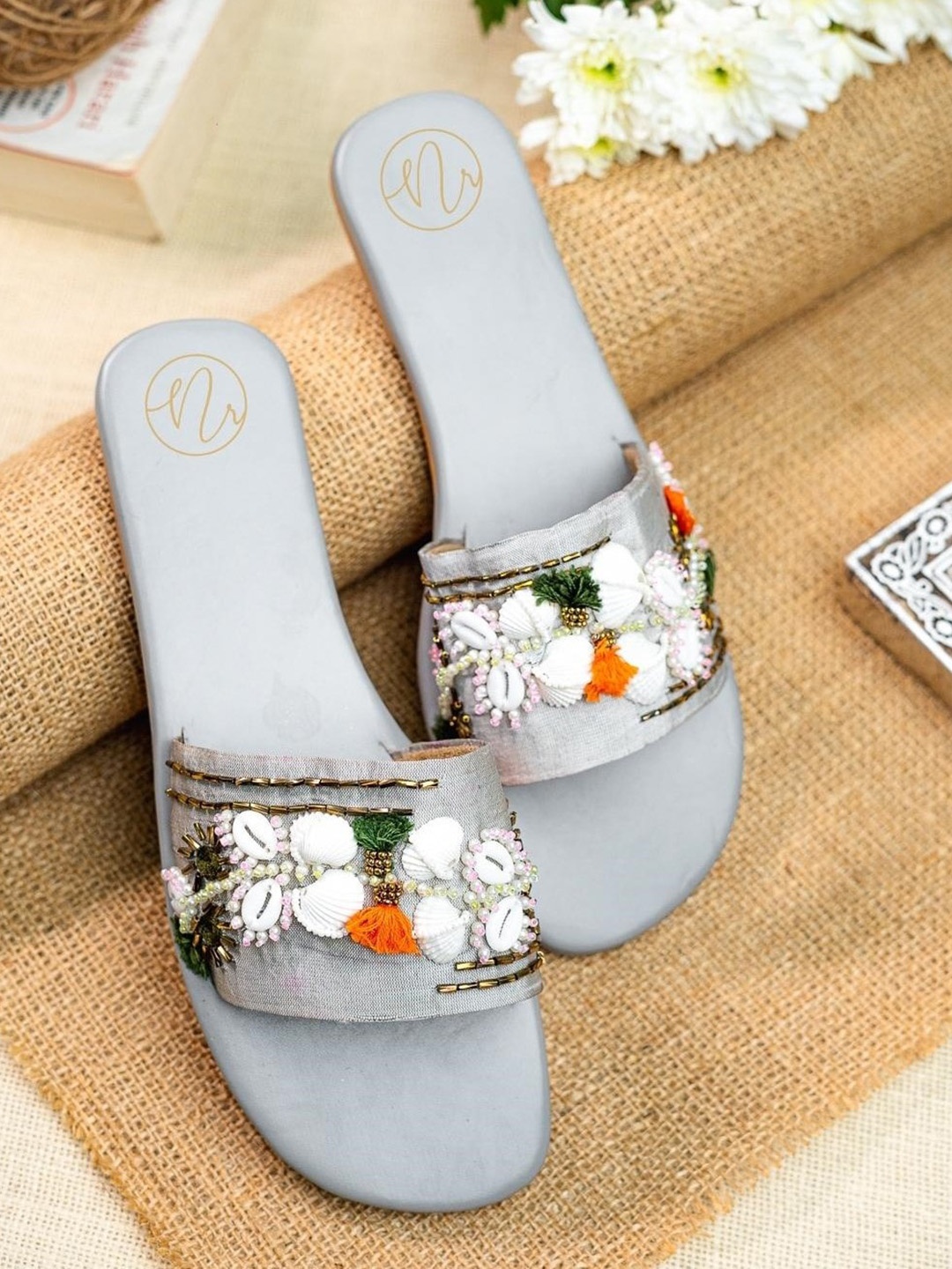 

NR By Nidhi Rathi Embellished Open Toe Flats with Bows, Grey