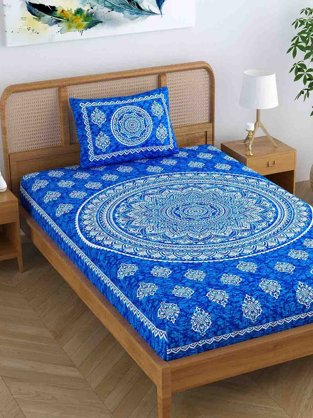 

SheetKart Blue & White Ethnic Motifs 120 TC Single Bedsheet With 1 Pillow Cover