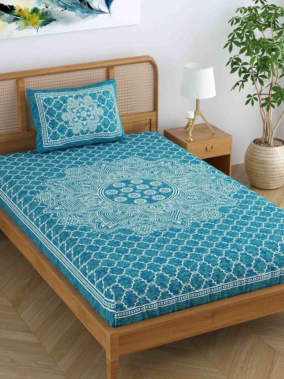 

SheetKart Sea Green & White Ethnic Motifs 120 TC Single Bedsheet With 1 Pillow Cover