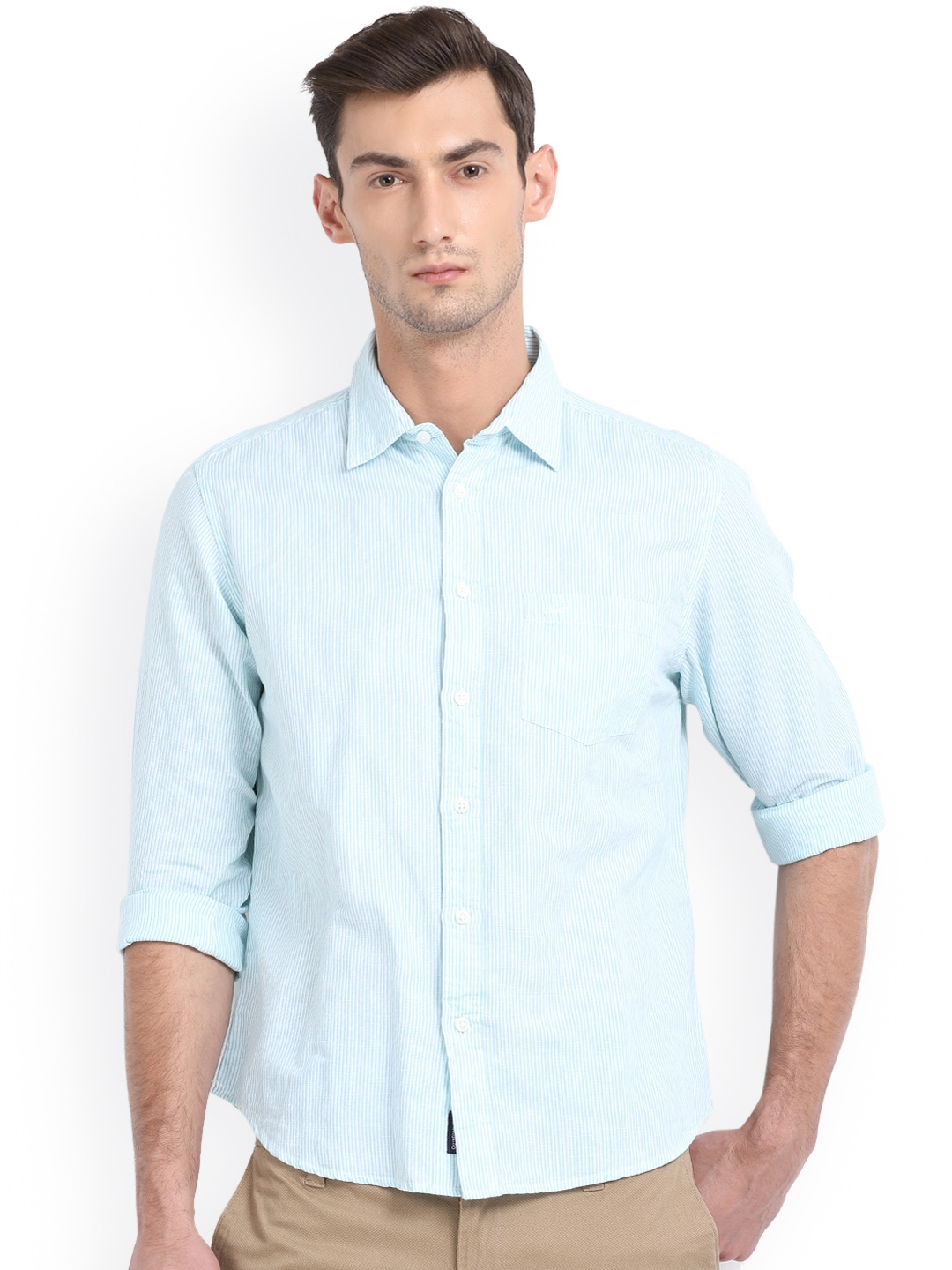 

Crocodile Men Turquoise Blue Slim Fit Striped Casual Shirt