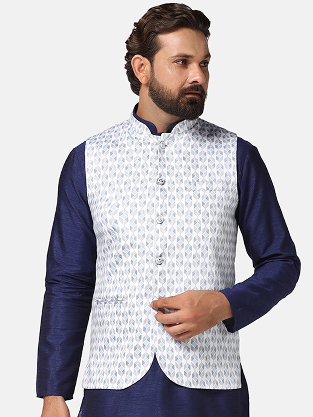 

TAHVO Printed Mandarin Collar Nehru Jacket, White