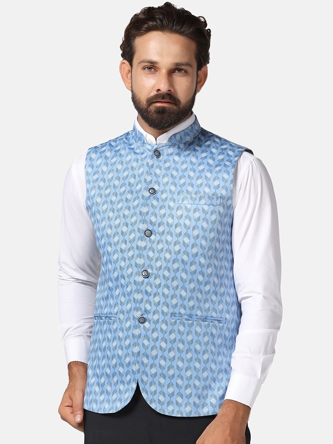 

TAHVO Printed Mandarin Collar Nehru Jacket, Blue