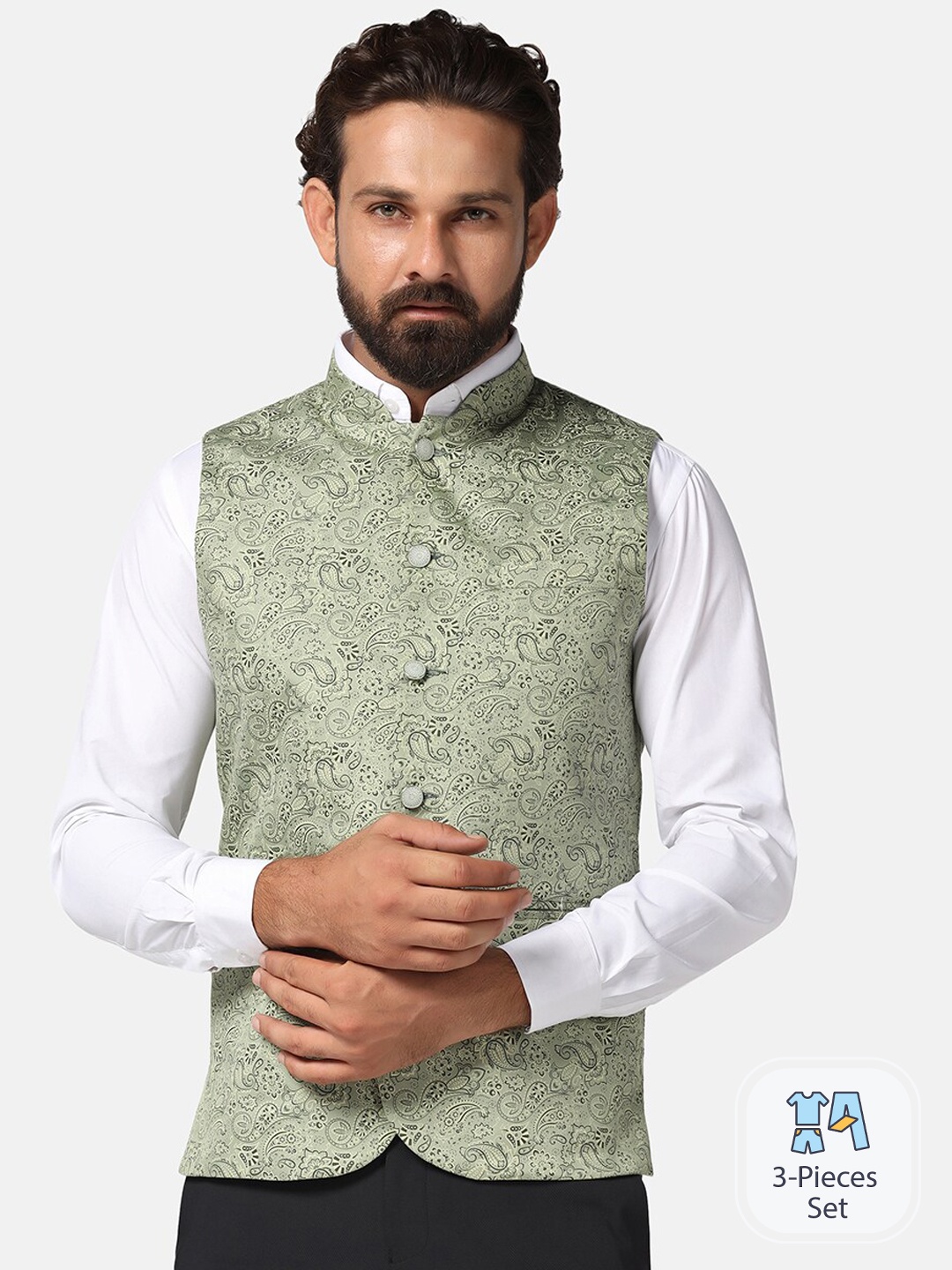 

TAHVO Ethnic Motifs Printed Nehru Jacket, Green