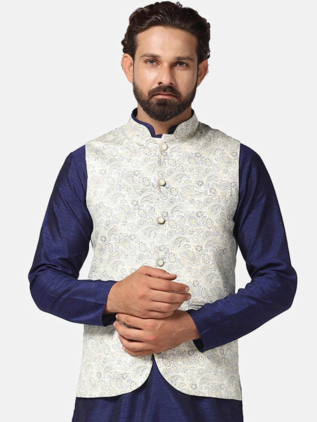 

TAHVO Printed Mandarin Collar Nehru Jacket, White