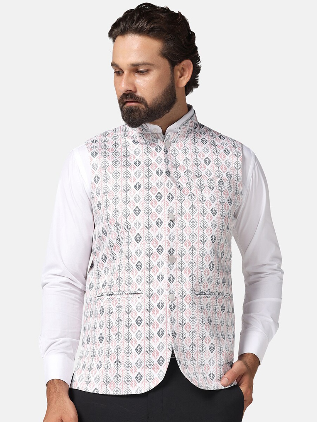 

TAHVO Printed Mandarin Collar Nehru Jacket, Pink