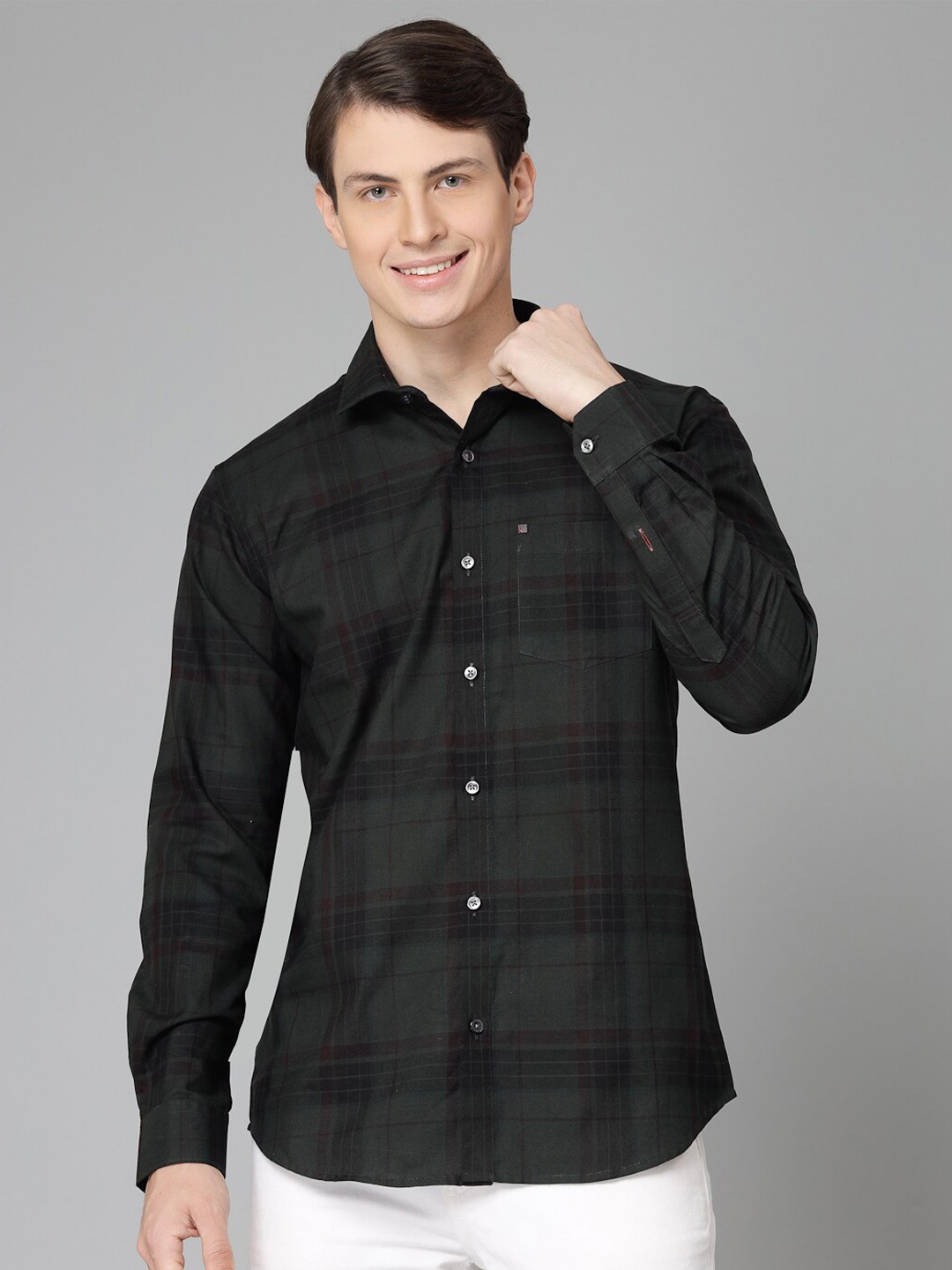

JADEBERRY Standard Tartan Checked Spread Collar Cotton Casual Shirt, Green
