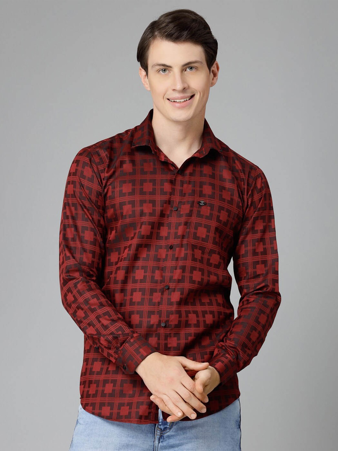 

JADEBERRY Standard Geometric Printed Cotton Casual Shirt, Maroon
