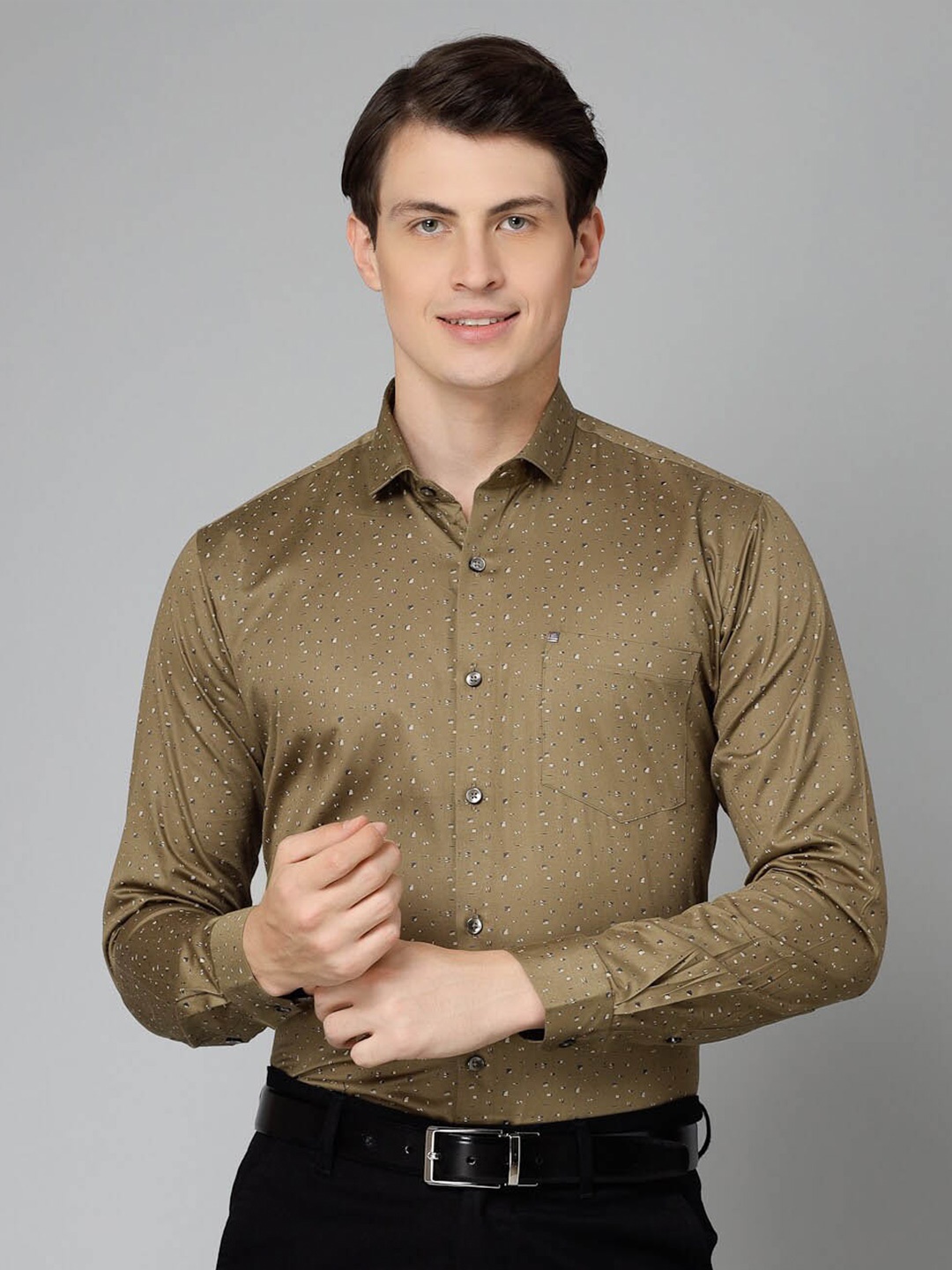 

JADEBERRY Standard Opaque Printed Cotton Formal Shirt, Khaki