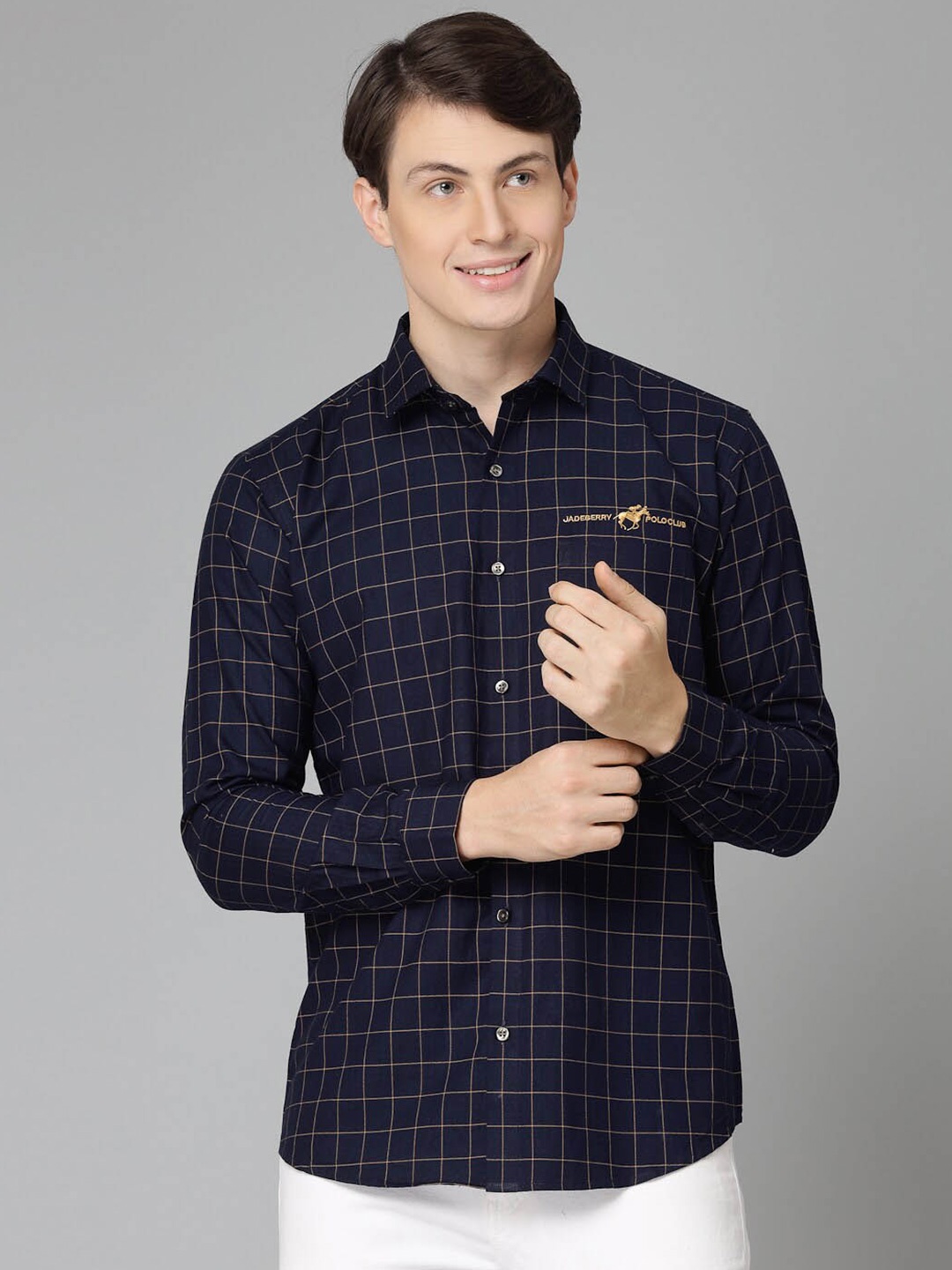 

JADEBERRY Standard Grid Tattersall Checked Cotton Causal Shirt, Navy blue