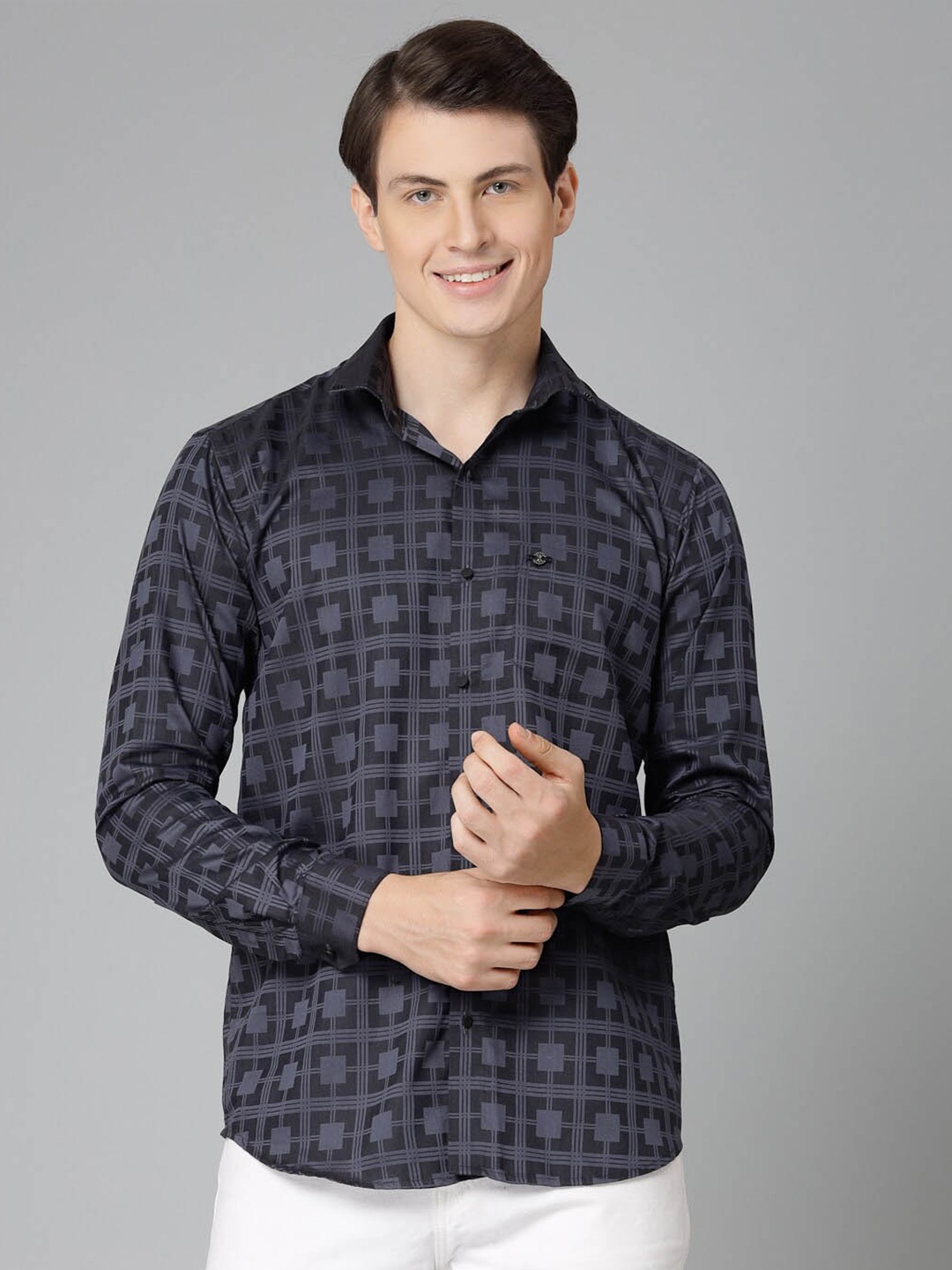 

JADEBERRY Standard Geometric Printed Cotton Causal Shirt, Grey