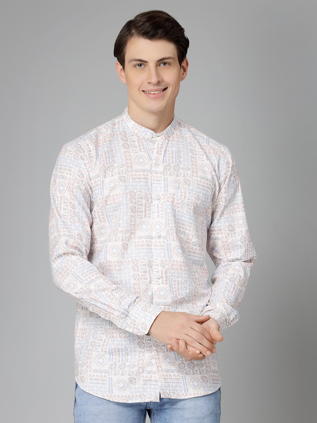 JADEBERRY Standard Geometric Printed Mandarin Collar Cotton Casual Shirt, White