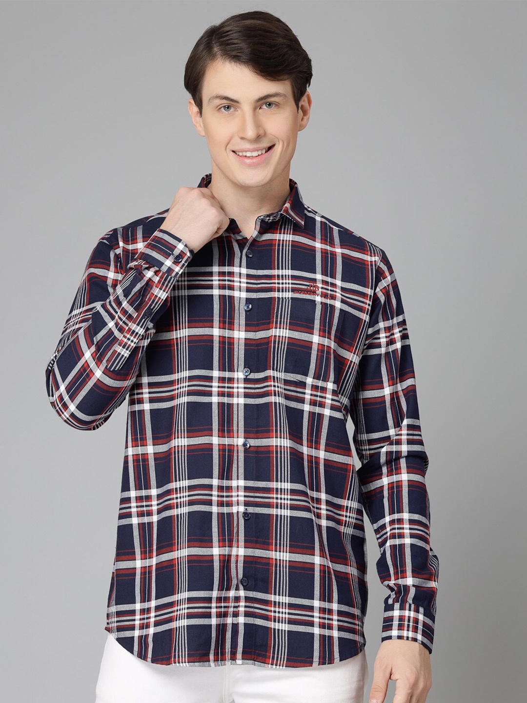 

JADEBERRY Spread Collar Standard Tartan Checked Casual Shirt, Navy blue