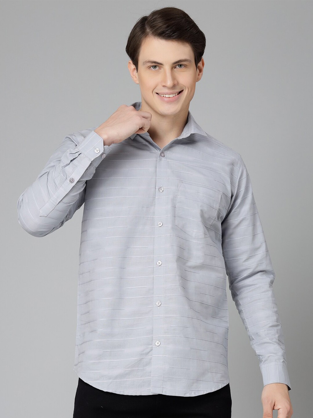 

JADEBERRY Standard Horizontal Striped Spread Collar Cotton Casual Shirt, Grey