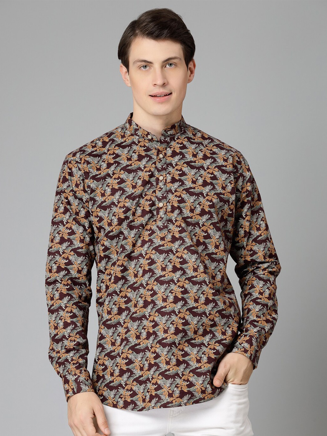 

JADEBERRY Standard Floral Printed Mandarin Collar Cotton Causal Shirt, Maroon