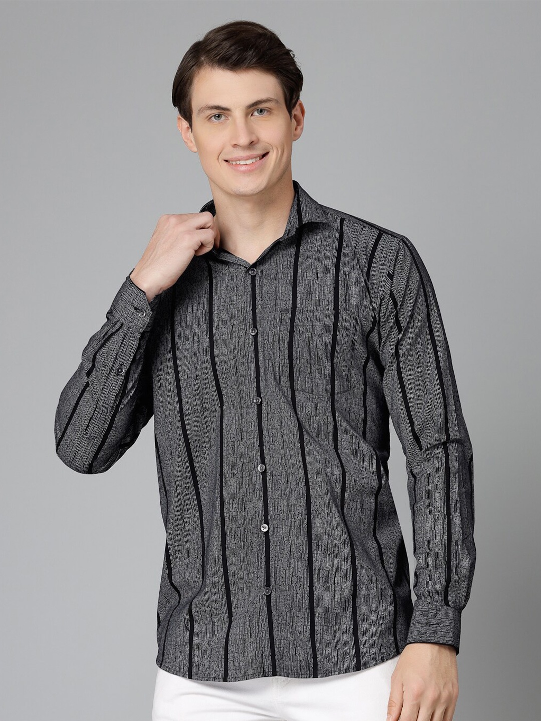 

JADEBERRY Standard Striped Spread Collar Cotton Casual Shirt, Black