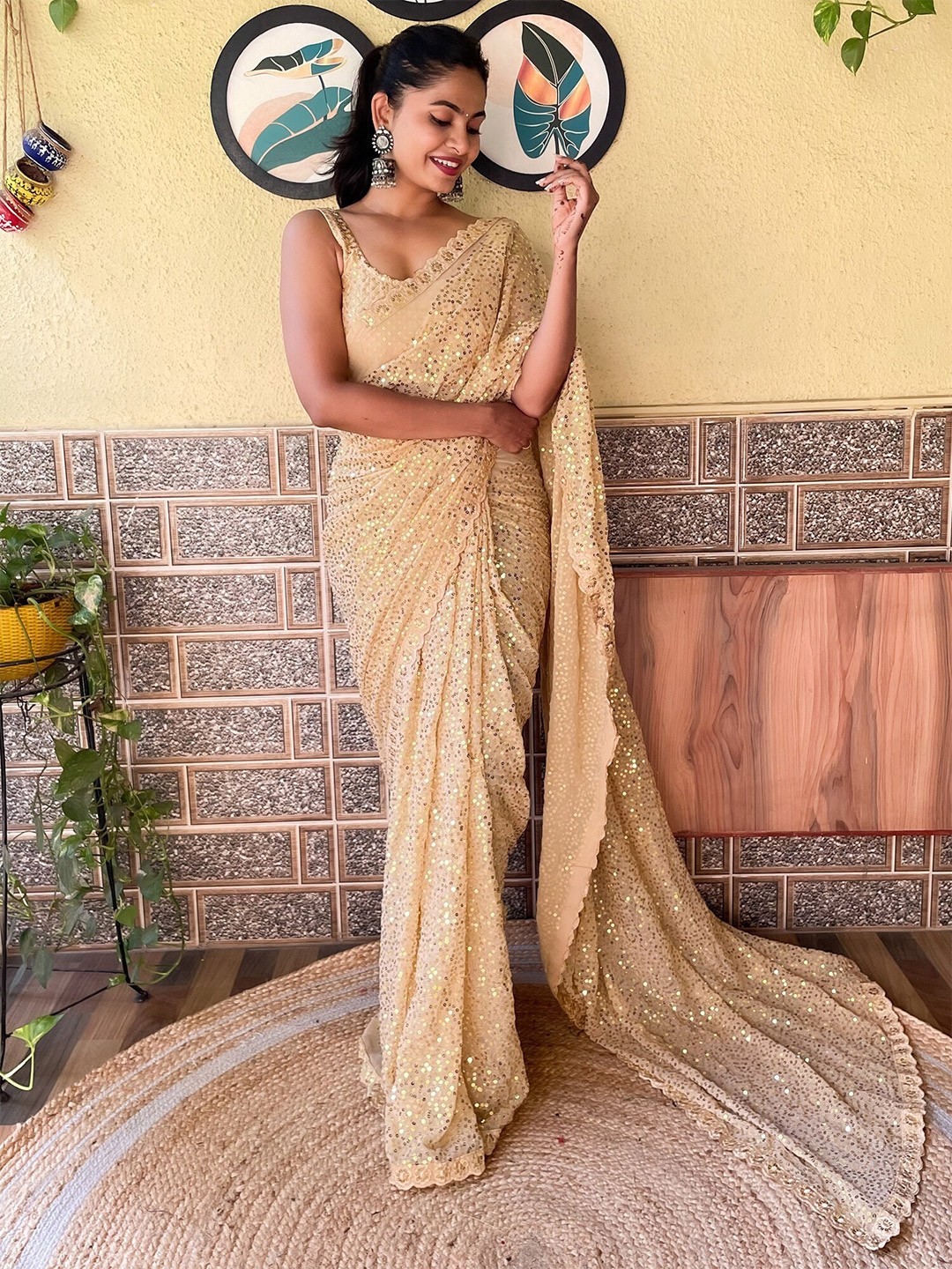 

Mitera Embellished Sequinned Saree, Cream