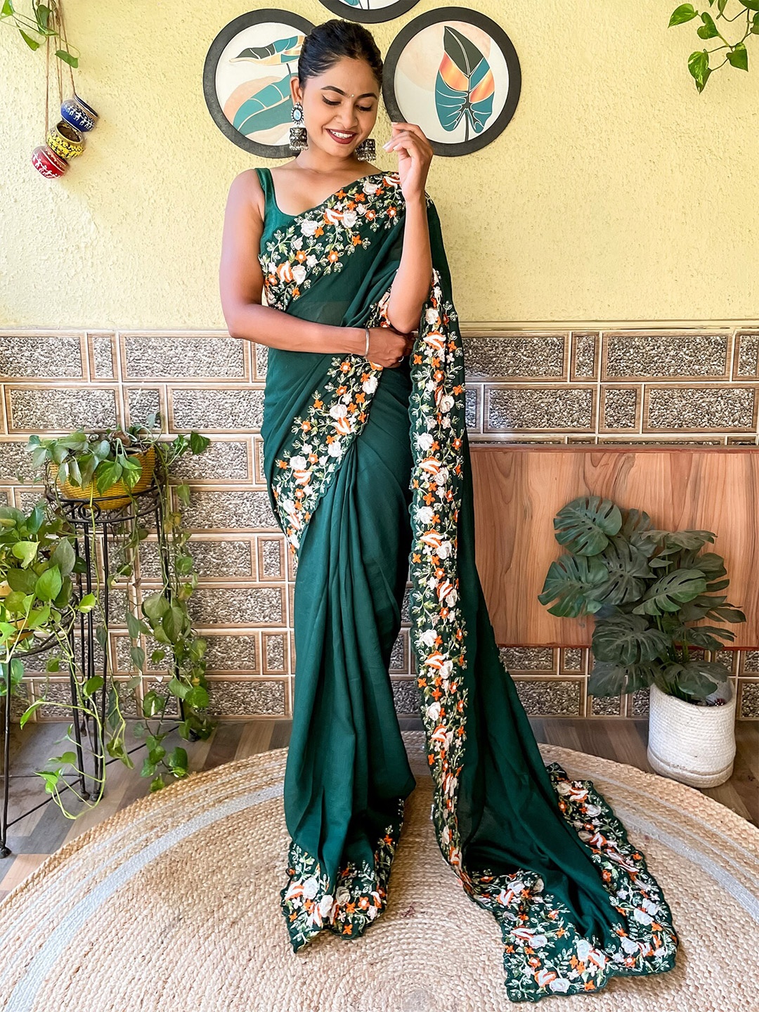 

Mitera Floral Embroidered Saree, Green