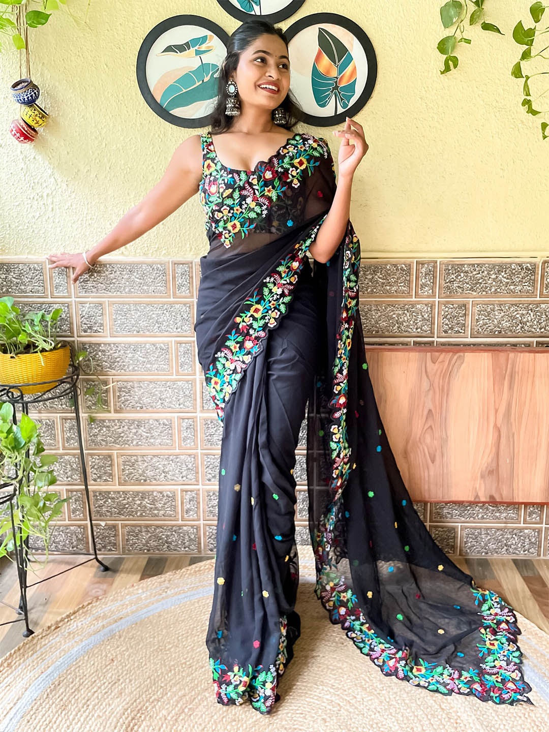 

Mitera Floral Embroidered Saree, Black