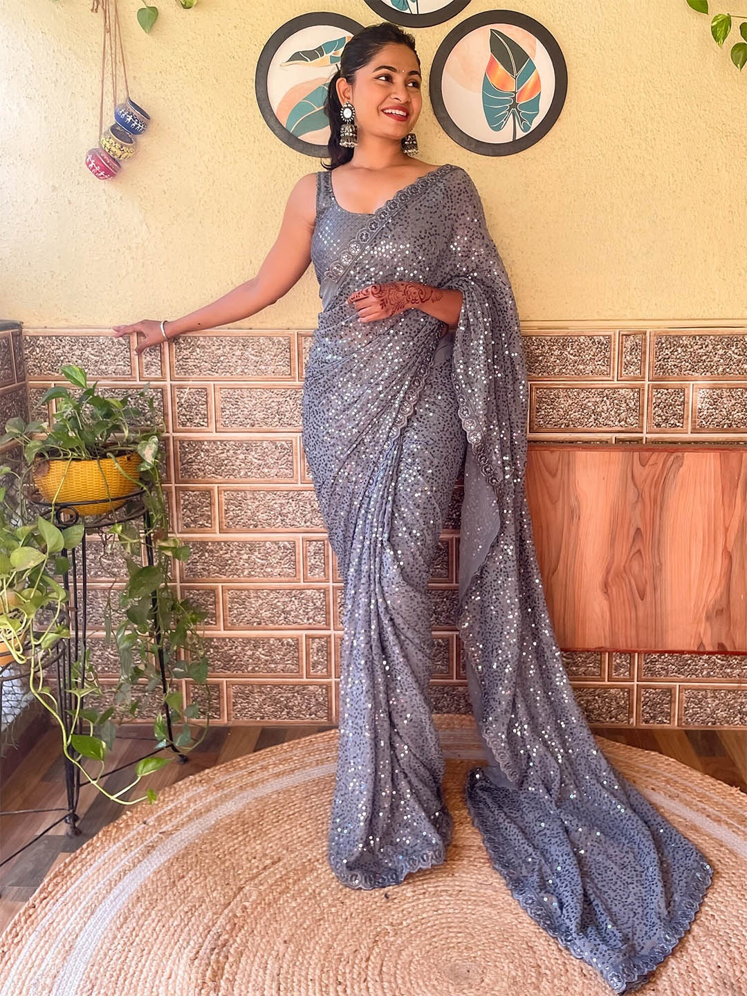 

Mitera Embellished Embroidered Saree, Grey