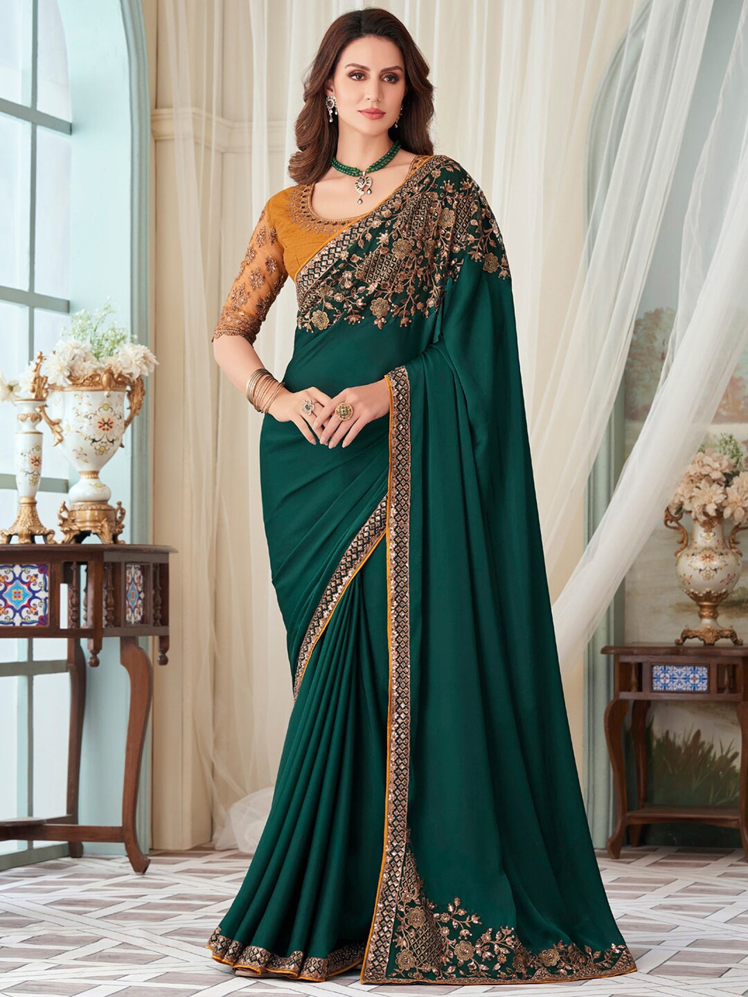 

Mitera Floral Embroidered Satin Saree, Teal