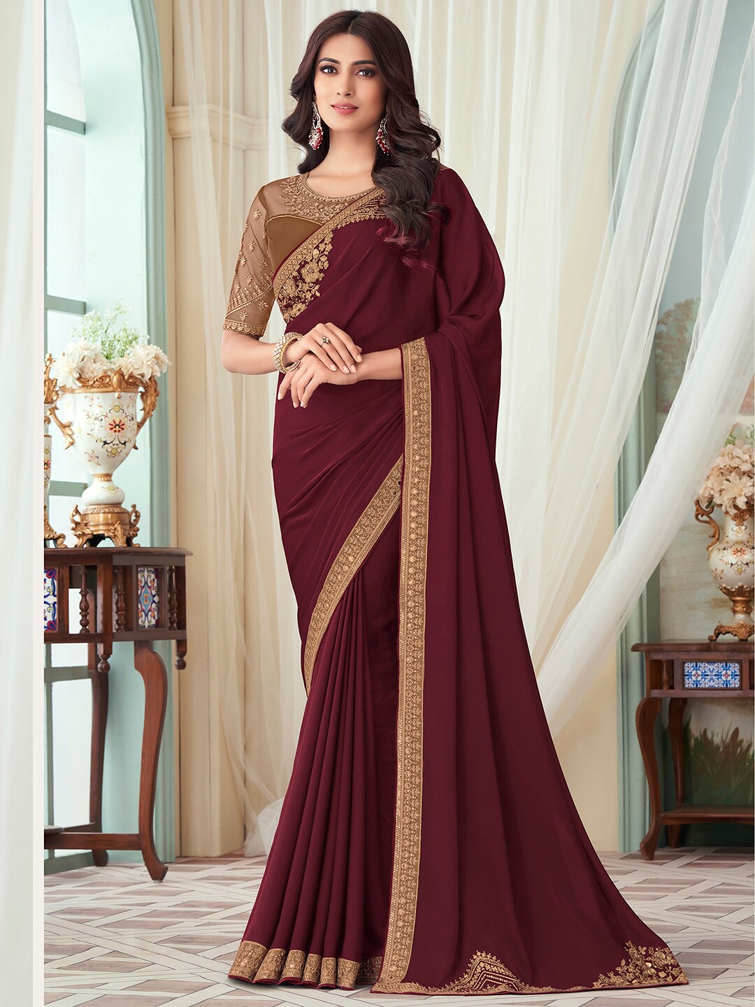 

Mitera Floral Embroidered Saree, Maroon