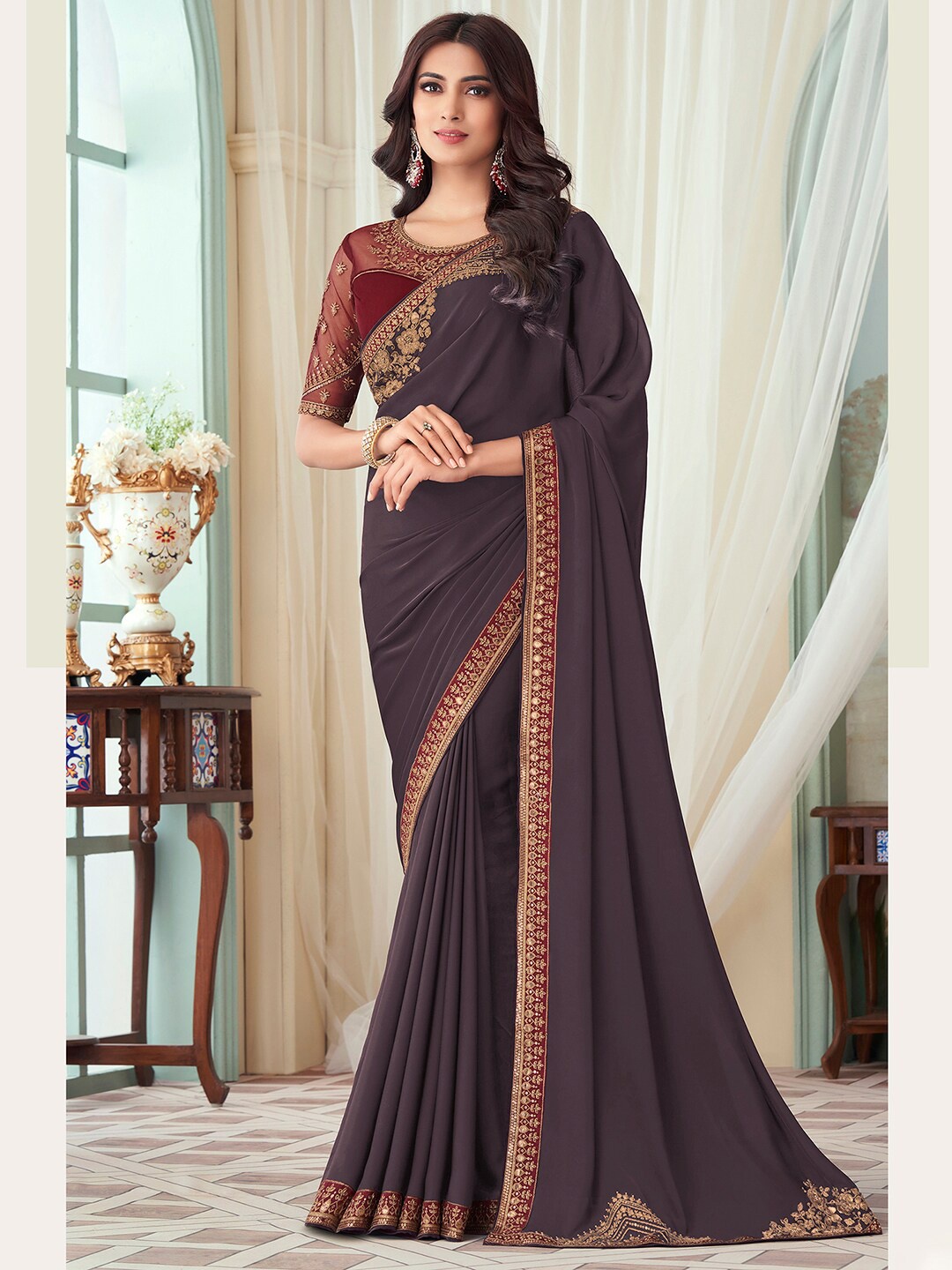 

Mitera Embroidered Embellished Satin Saree, Violet