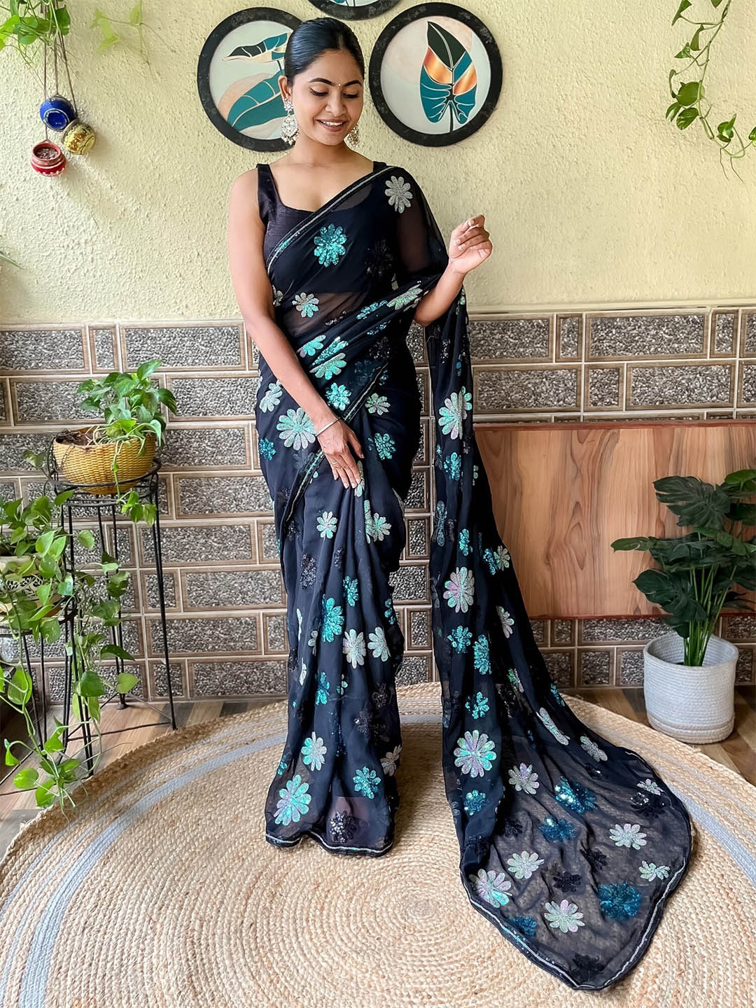 

Mitera Embellished Sequinned Saree, Black